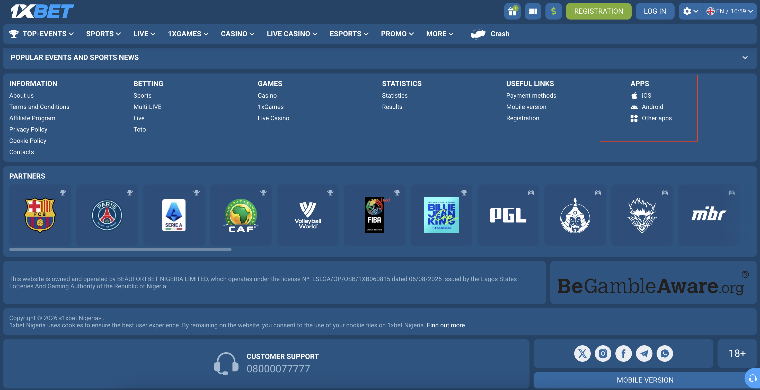 1xBet Nigeria website footer with APPS section showing iOS and Android download links