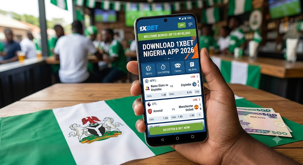 1xBet Nigeria app on smartphone with Nigerian flag, Naira banknotes, and live sports betting