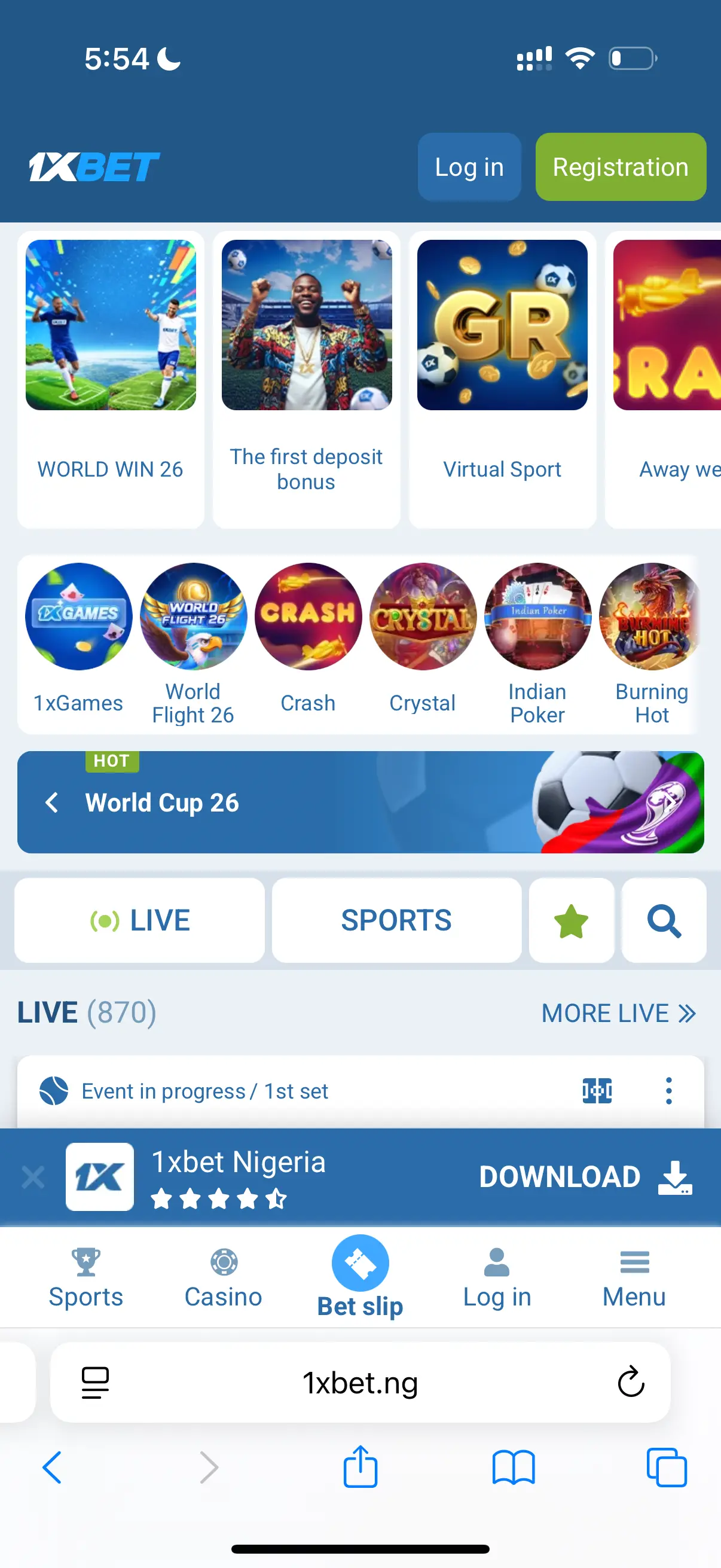 1xBet Nigeria mobile website with download banner at the bottom of the screen